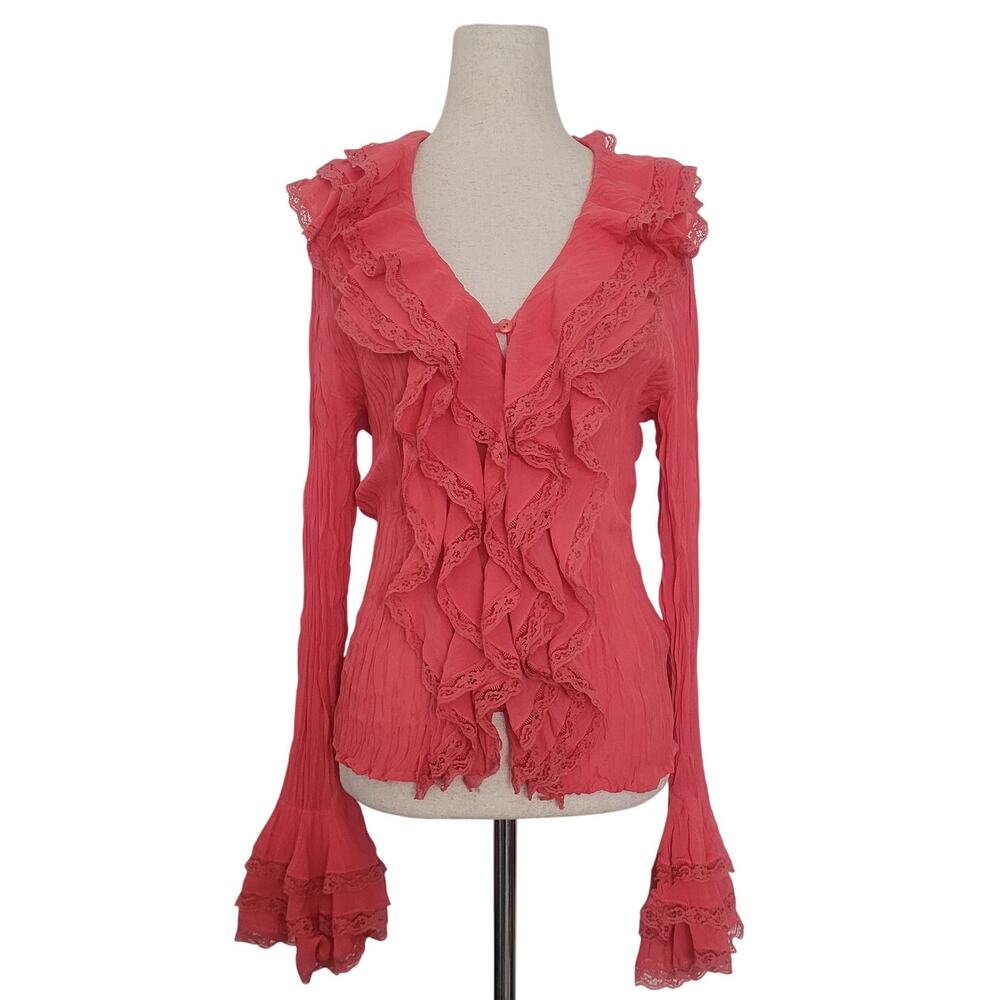 Vintage Y2K Crinkle Ruffle Lace Button Up Top Size L Pink Fairy Coquette Dainty
